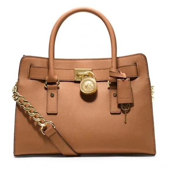 Michael Kors Hamilton Saffiano Leather Satchel | Gold Lock & Key | Cognac Brown - Picture 2 of 9